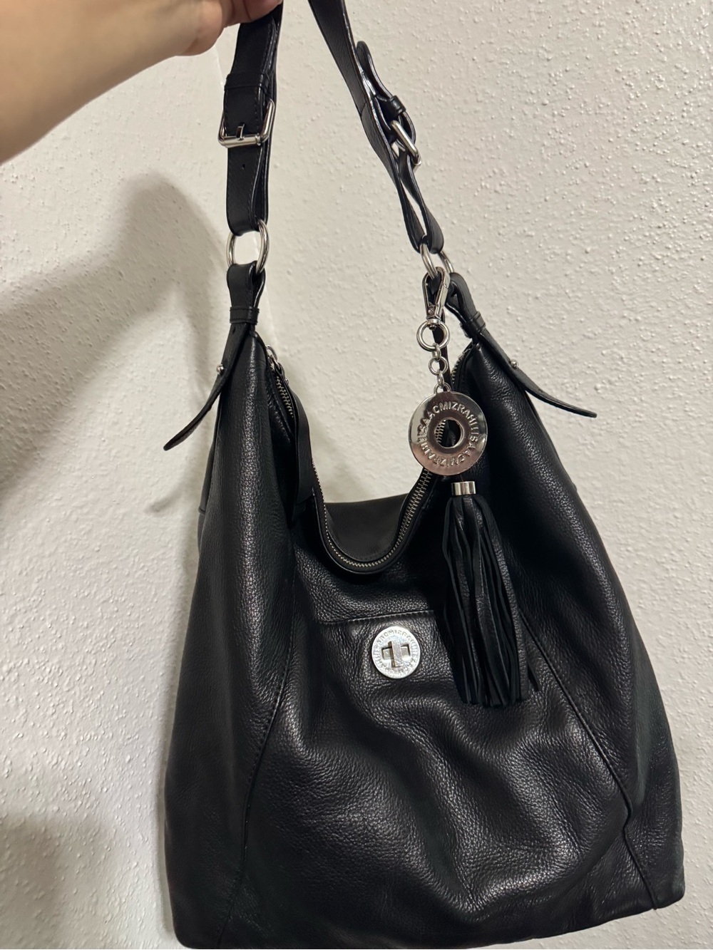 Isaac Mizrahi Black Leather Hobo with Tassel Charm